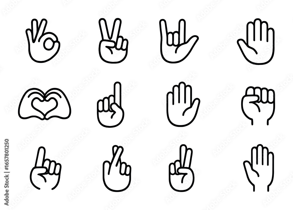 Fototapeta premium Hand Signal Icons. Outline icon set of symbolic hand signs: ok sign, victory sign, shaka sign, rock hand,