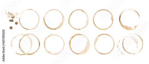 Coffee cup or tea stain drink ring vector illustration set isolated on white background. Coffee stain mark trace ring cup spot trace. Brown round splashes of drink collection.