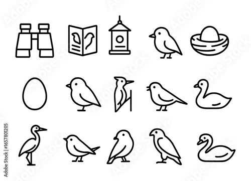 Birdwatching Icon Set. Outline icon set of forest birdwatching: binoculars, bird guide, bird feeder, nest, egg