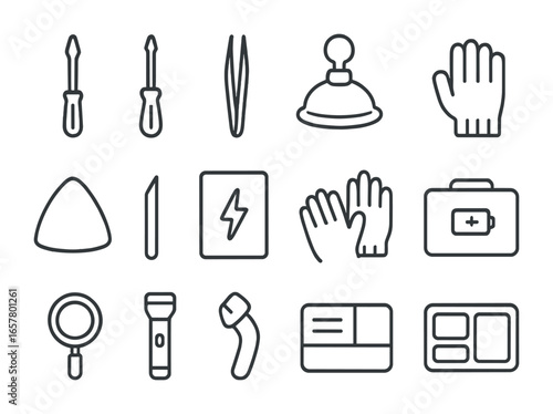 Battery Tool Icons. Outline icon set of battery replacement tools: small screwdriver, Phillips head