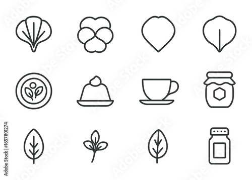 Edible Flower Icons. Outline icon set of edible flower petals: nasturtium petal, pansy petal, rose petal,