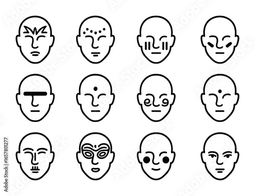 Iconic Face Paint Designs. Outline icon set of symbolic face paints and marks: tribal paint, festival dots,