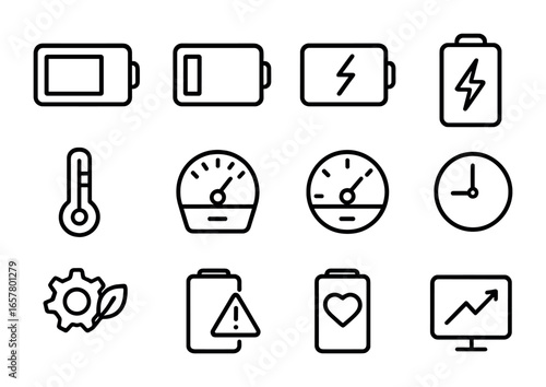 Battery Performance Icons. Outline icon set of battery performance: battery icon full, battery icon half,