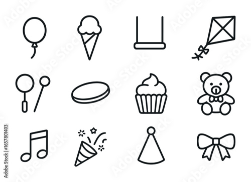 Playful Icon Collection. Outline icon set of playful moments: balloon, ice cream cone, swing, kite, bubble