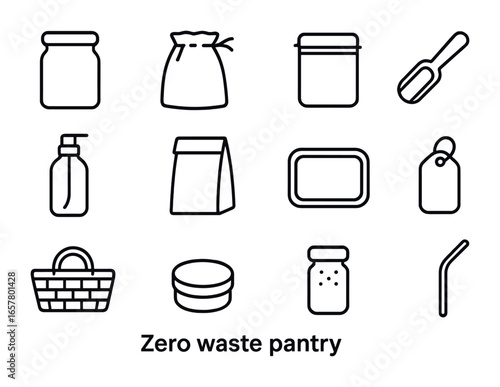 Zero Waste Icons. Outline icon set of zero waste pantry: glass jar, cloth bag, metal tin, bamboo scoop, refill