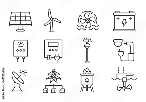 Renewable Energy Icons. Outline icon set of renewable energy devices: solar panel, wind turbine, micro-hydro