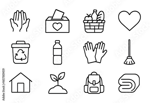 Volunteer Icon Set. Outline icon set of environmental action: recycling bin, tree planting, solar panel, wind