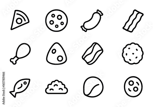 Meat Pizza Toppings Icons. Outline icon set of meat pizza toppings: pepperoni slice, salami, sausage, bacon
