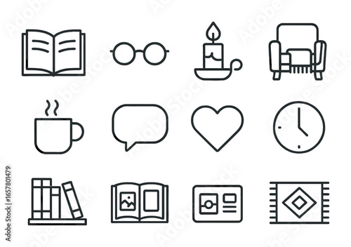 Storytelling Icon Set. Outline icon set of storytelling time: open book, spectacles, candle, chair, blanket,