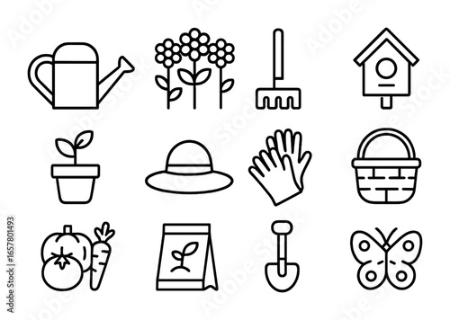 Garden Icon Set. Outline icon set of garden moments: watering can, flowers, rake, birdhouse, potted plant, hat
