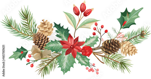 Watercolor Christmas Floral Arrangement with Pinecones Holly Berries and Poinsettia