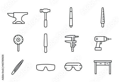 Goldsmith Tools Icons. Outline icon set of fair trade goldsmith tools: anvil, jeweler’s hammer, blowtorch,
