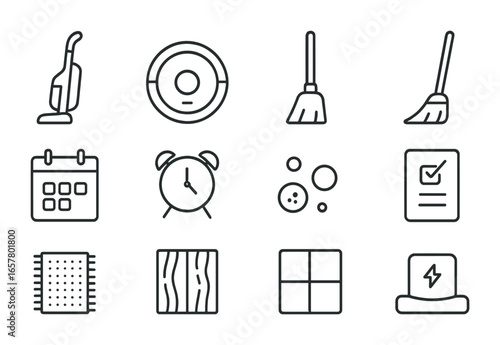 Cleaning Icon Set. Outline icon set of household cleaning routine: upright vacuum, robotic vacuum, broom, mop,
