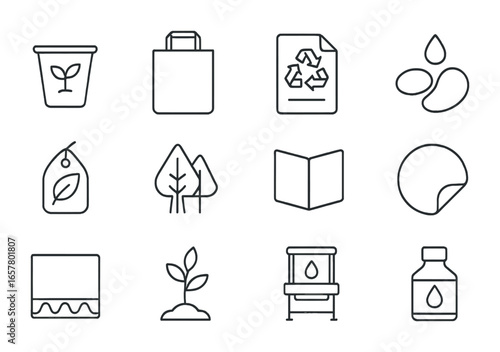 Biodegradable Print Icons. Outline icon set of biodegradable print materials: compostable cup, paper bag,