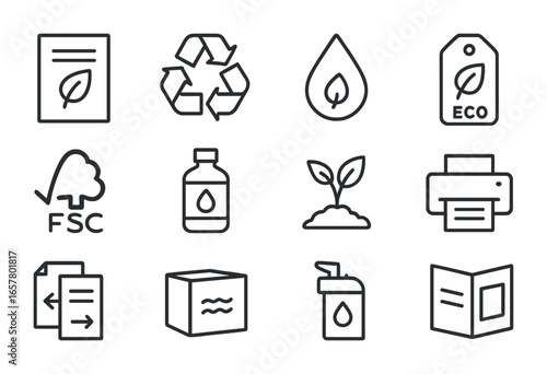 Eco-Friendly Printing Icons. Outline icon set of eco-friendly flyer printing: flyer, recycled paper, soy ink,