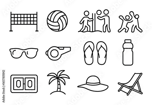 Beach Volleyball Icons. Outline icon set of beach volleyball: volleyball net, ball, sand court, players,