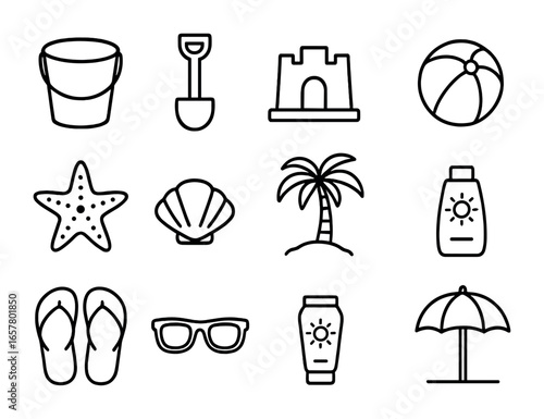 Beach Fun Icons. Outline icon set of sandcastle building: bucket, shovel, sand mold, seashell, starfish, palm