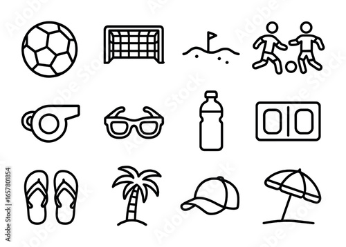Beach Soccer Icons. Outline icon set of beach soccer: soccer ball, goal net, sand field, players, whistle,