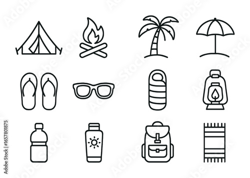 Beach Camping Icons. Outline icon set of beach camping: tent, campfire, palm tree, beach umbrella, flip-flops,
