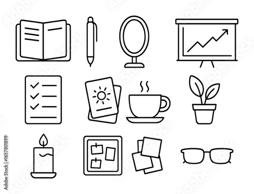 Self-Reflection Icon Set. Outline icon set of self-reflection tools: journal, pen, mirror, goal chart,