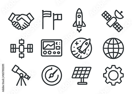 Space Collaboration Icons. Outline icon set of international space collaboration: handshake, flags, rocket,