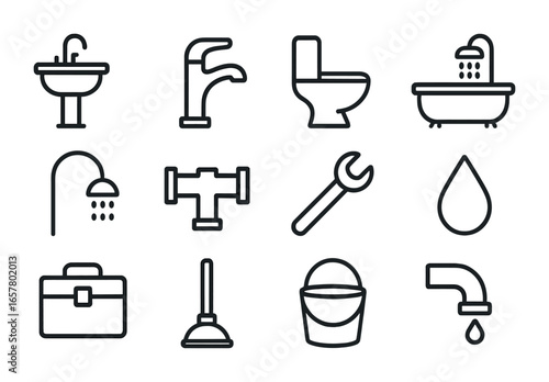 Plumbing Icons Collection. Outline icon set of residential plumbing systems: sink, faucet, toilet, bathtub,