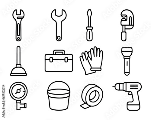 Plumber Tools Icons. Outline icon set of plumber tools: wrench, spanner, screwdriver, pipe cutter, plunger,