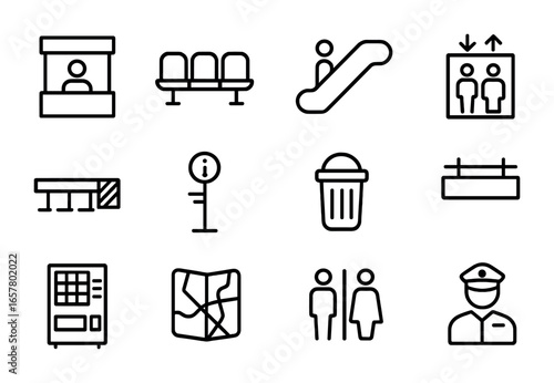 Metro Station Icons. Outline icon set of metro station facilities: ticket booth, seating bench, escalator,
