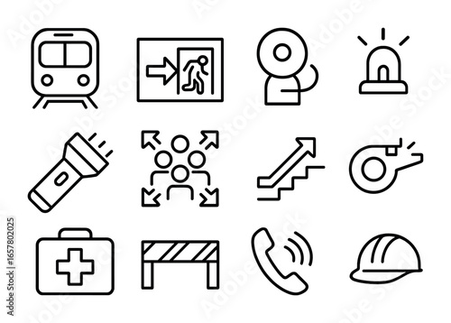 Metro Evacuation Icons. Outline icon set of metro station evacuation: train, exit sign, map, alarm bell,