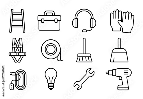 Stage Crew Equipment Icons. Outline icon set of stage crew equipment: ladder, toolbox, headset, gloves, safety