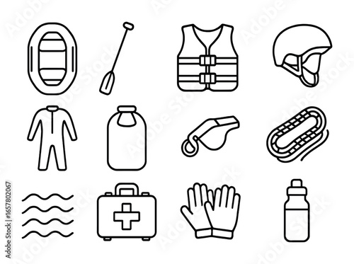 White-Water Rafting Icons. Outline icon set of white-water rafting: inflatable raft, paddle, life jacket,
