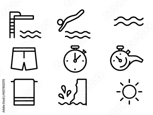 Cliff Diving Icons. Outline icon set of cliff diving: diving platform, swimmer, wave, goggles, swim trunks,