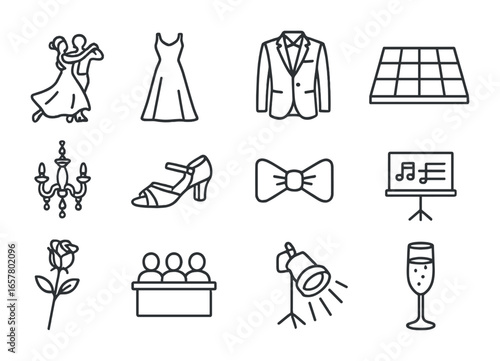 Ballroom Dance Icons. Outline icon set of ballroom dancing: dance couple, gown, tuxedo, dance floor,