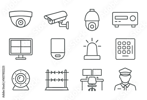 Surveillance Equipment Icons. Outline icon set of video surveillance equipment: dome CCTV, bullet camera, PTZ