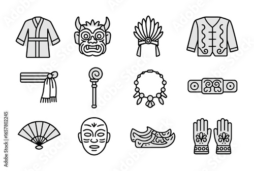 Cultural Costume Icons. Outline icon set of cultural costumes and uniforms worn during rituals and festivals: