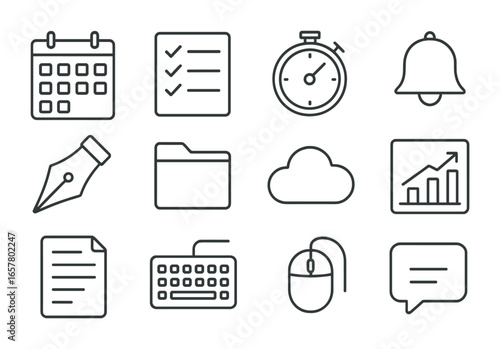 Desktop Icon Grid. Outline icon set of desktop content planner interface: digital calendar, checklist, timer,