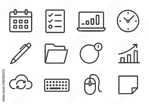 Digital Calendar Icons. Outline icon set of digital content calendar on desktop: calendar page, checklist,