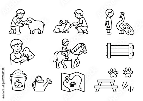 Kids and Animals Icons. Outline icon set of kids interacting with animals outdoors: child petting sheep,