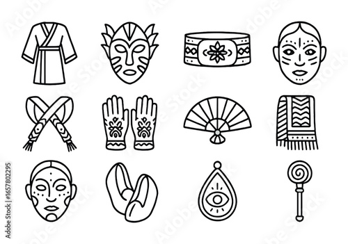 Cultural Ritual Icon Set. Outline icon set of cultural ritual costumes: traditional robes, ceremonial masks,