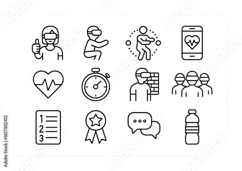 Virtual Workout Icons. Outline icon set of social VR workouts: virtual trainers, exercise avatars, motion