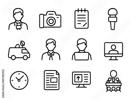 News Reporting Icons. Outline icon set of news reporting process: reporter, camera, notepad, microphone, news