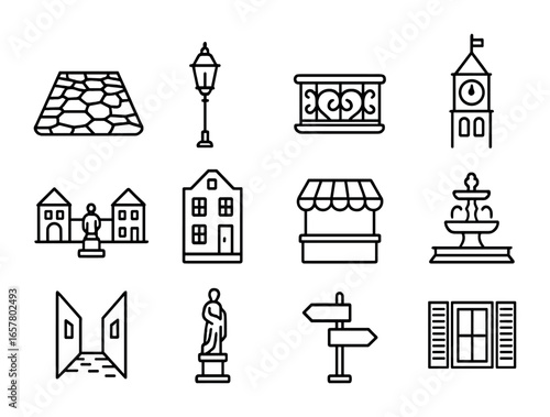 Urban Architecture Icons. Outline icon set of urban traditional architecture: cobblestone street, gas lamp,