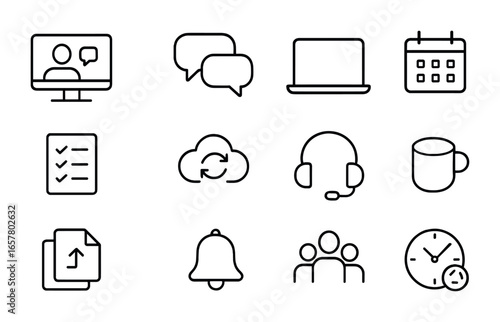 Remote Team Icon Set. Outline icon set of remote startup team: video call, chat bubbles, laptop, calendar,