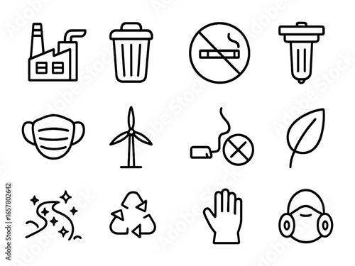 Pollution Reduction Icons. Outline icon set of pollution reduction: factory with filter, trash bin, no smoking
