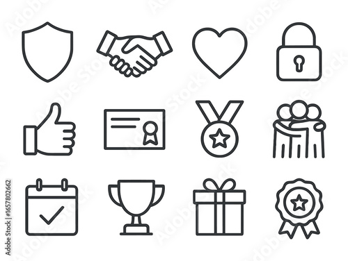 Trust & Loyalty Icons. Outline icon set of trust and loyalty at work: shield, handshake, heart, lock, thumbs