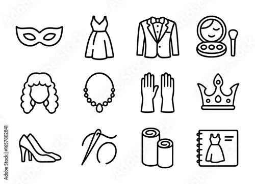 Opera Costume Icons. Outline icon set of opera costume design: opera mask, gown, tuxedo, stage makeup, wig,