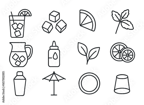 Iced Tea Icon Set. Outline icon set of iced tea drinks: tall glass, ice cubes, lemon wedge, straw, mint sprig,