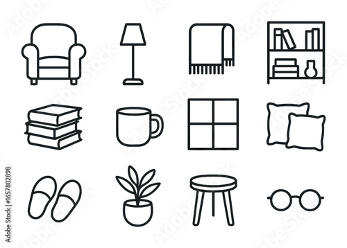 Cozy Reading Icons. Outline icon set of cozy reading nook: armchair, floor lamp, blanket, bookshelf, book
