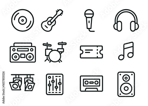 Pop Culture Music Icons. Outline icon set of music in pop culture: vinyl record, guitar, microphone,