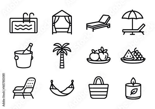 Luxury Resort Icons. Outline icon set of luxury resort lifestyle: infinity pool, cabana, sunbed, parasol,